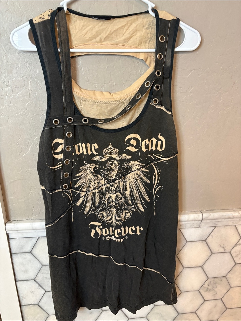 Salvage Forever Dead Black Graphic Tank Top with Eyelet Details